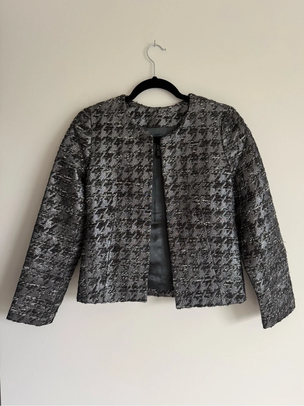 Vintage J. Crew Metallic Black and Silver Houndstooth Tailored Lady Jacket